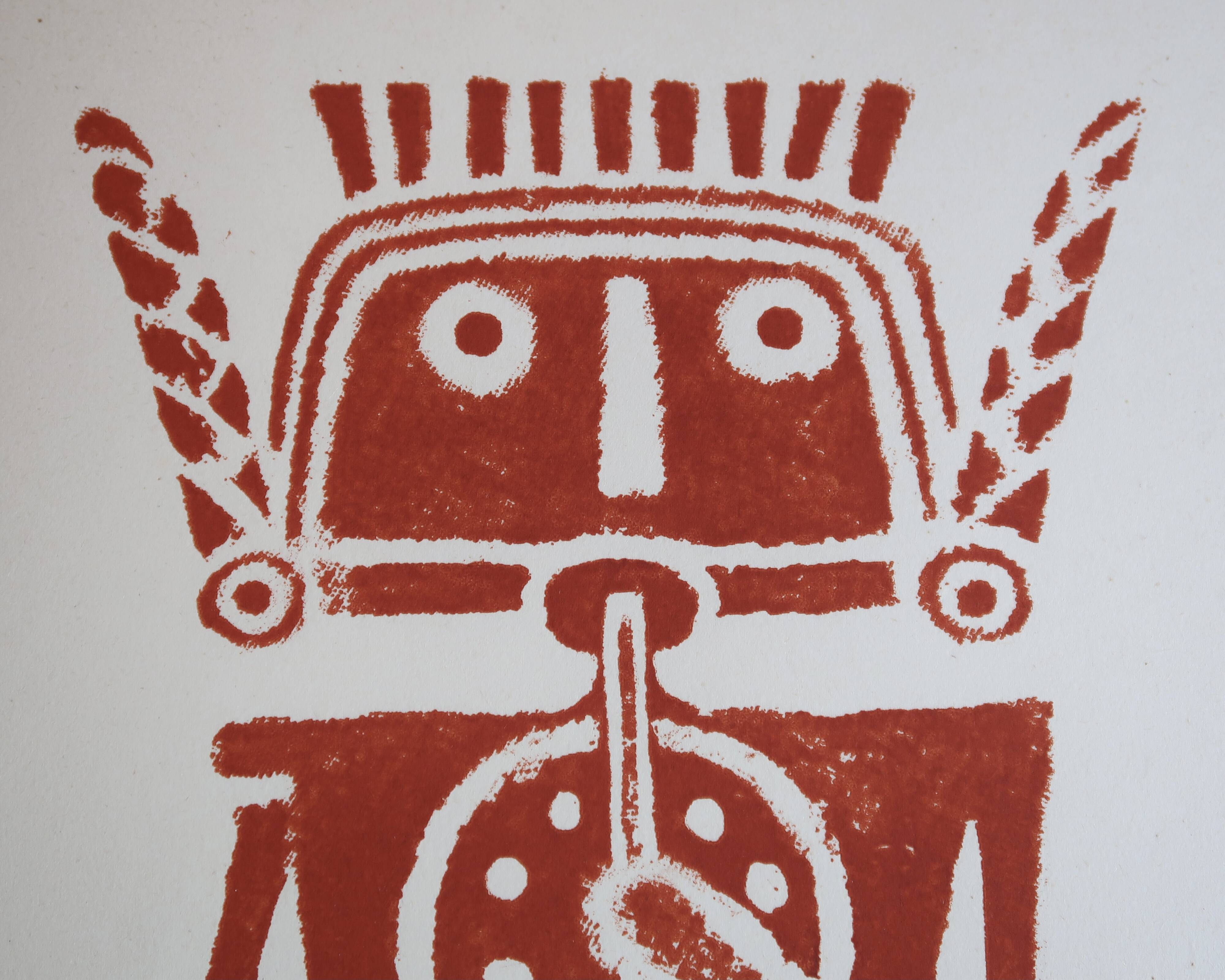 Original Pre-Columbian print, Aztecs Colombia folk 60s