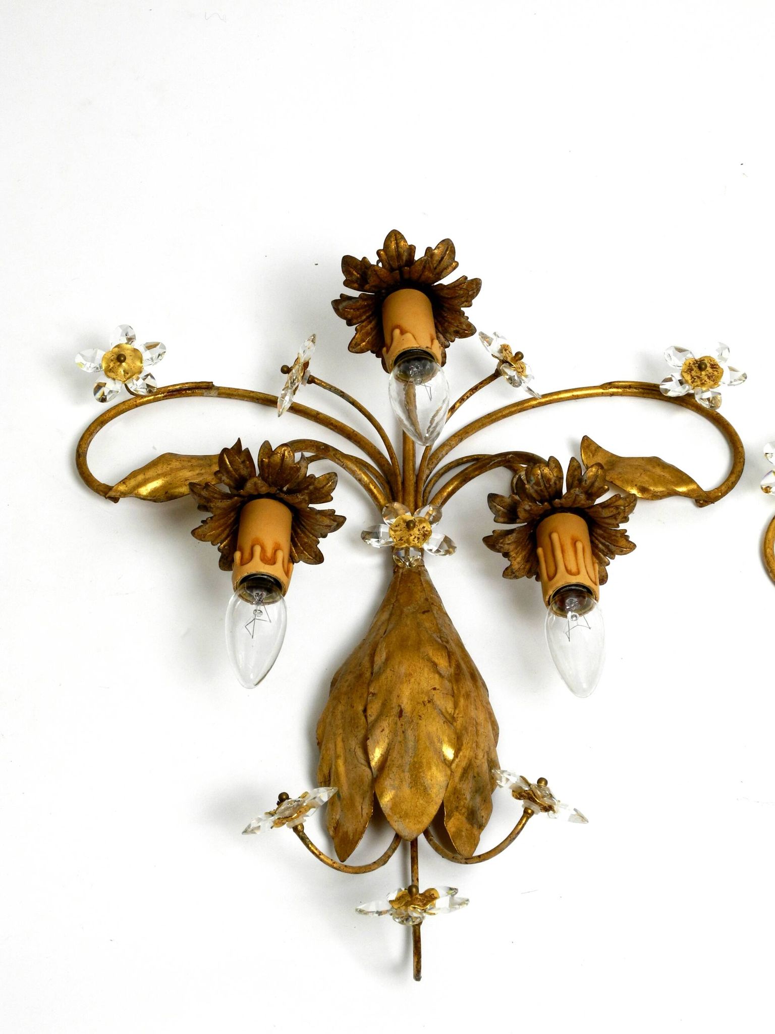 Pair of gold plated Italian 1980's floral Regency Murano glass sconces