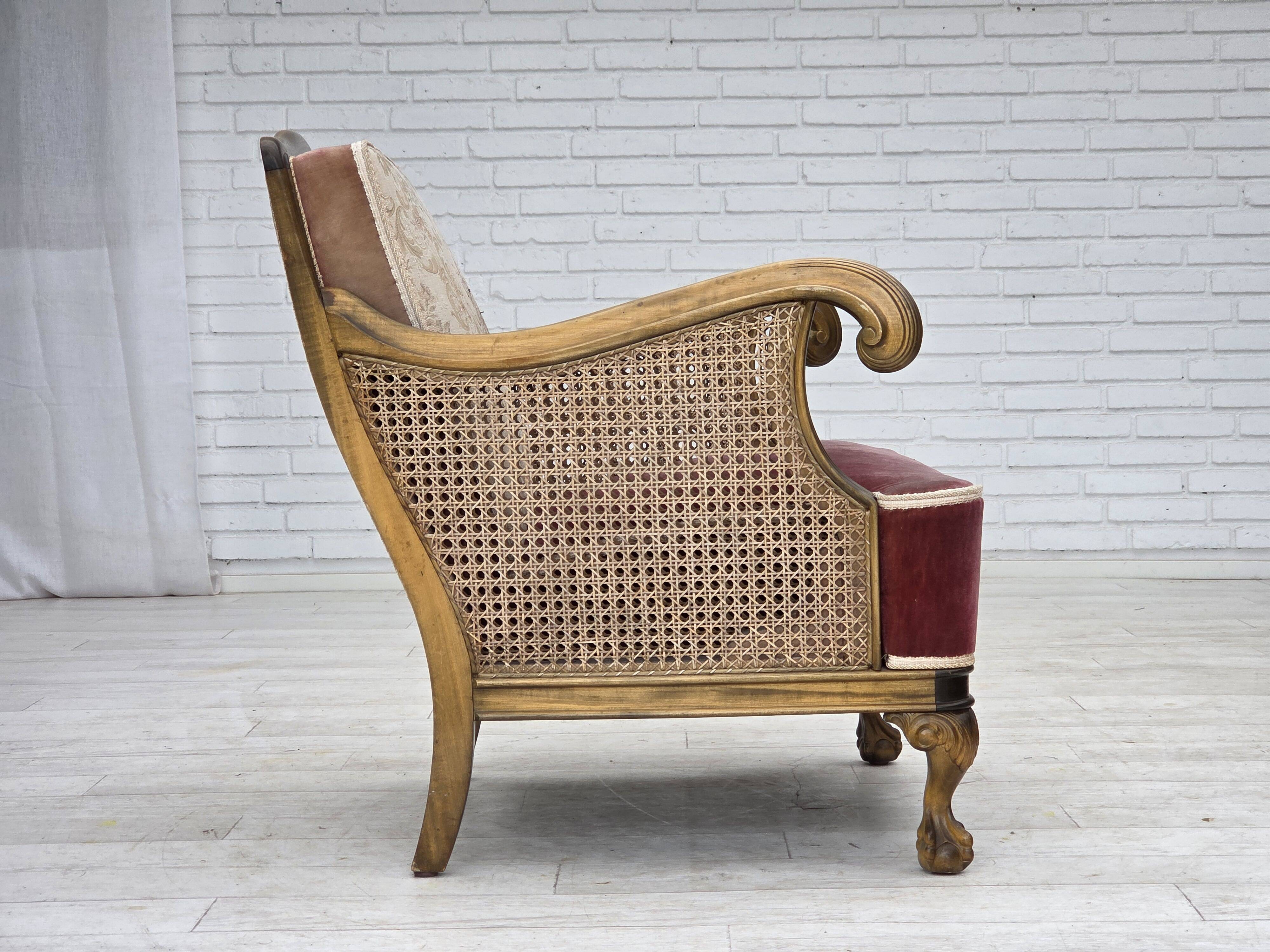 1940s, Danish armchair, woven wool, velour, mesh, carved oak wood.
