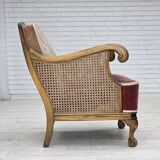 1940s, Danish armchair, woven wool, velour, mesh, carved oak wood.