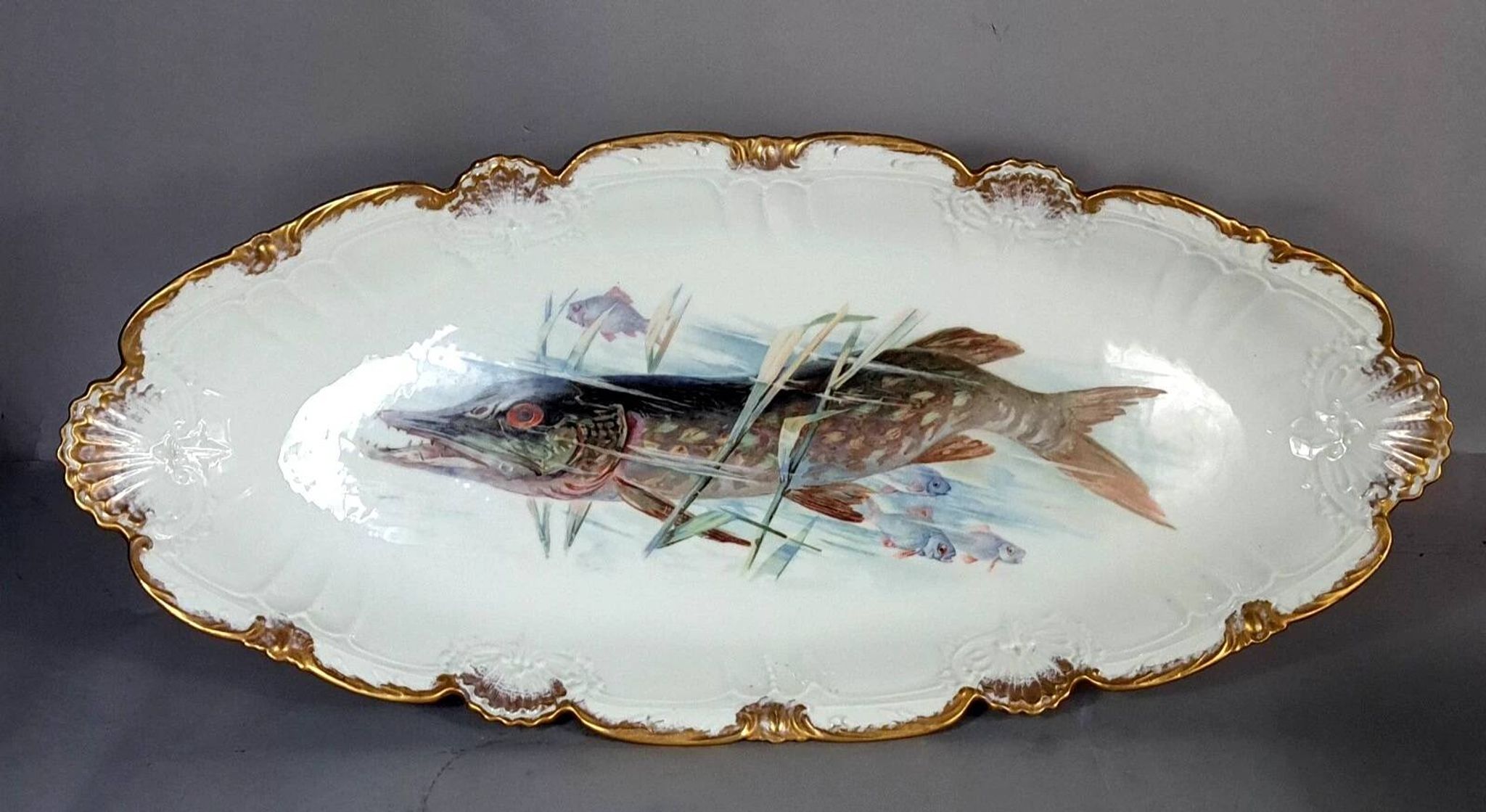 Antique fish service J. Pouyat porcelain Limoges plate 61 cm, 8 plates
