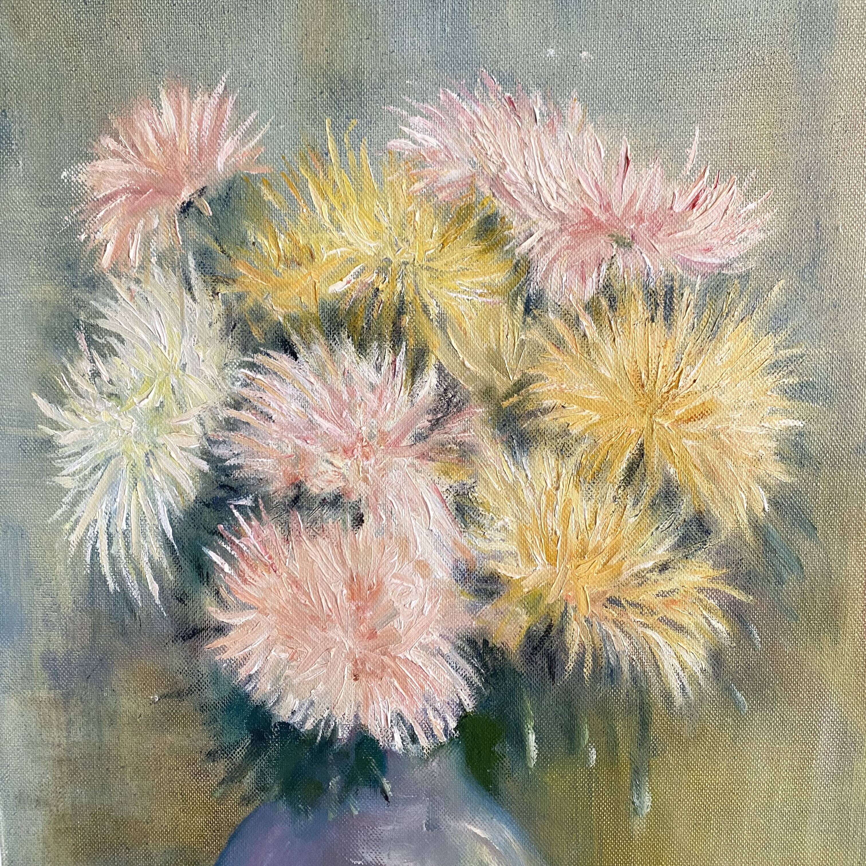 Still life bouquet of chrysanthemums, oil on canvas