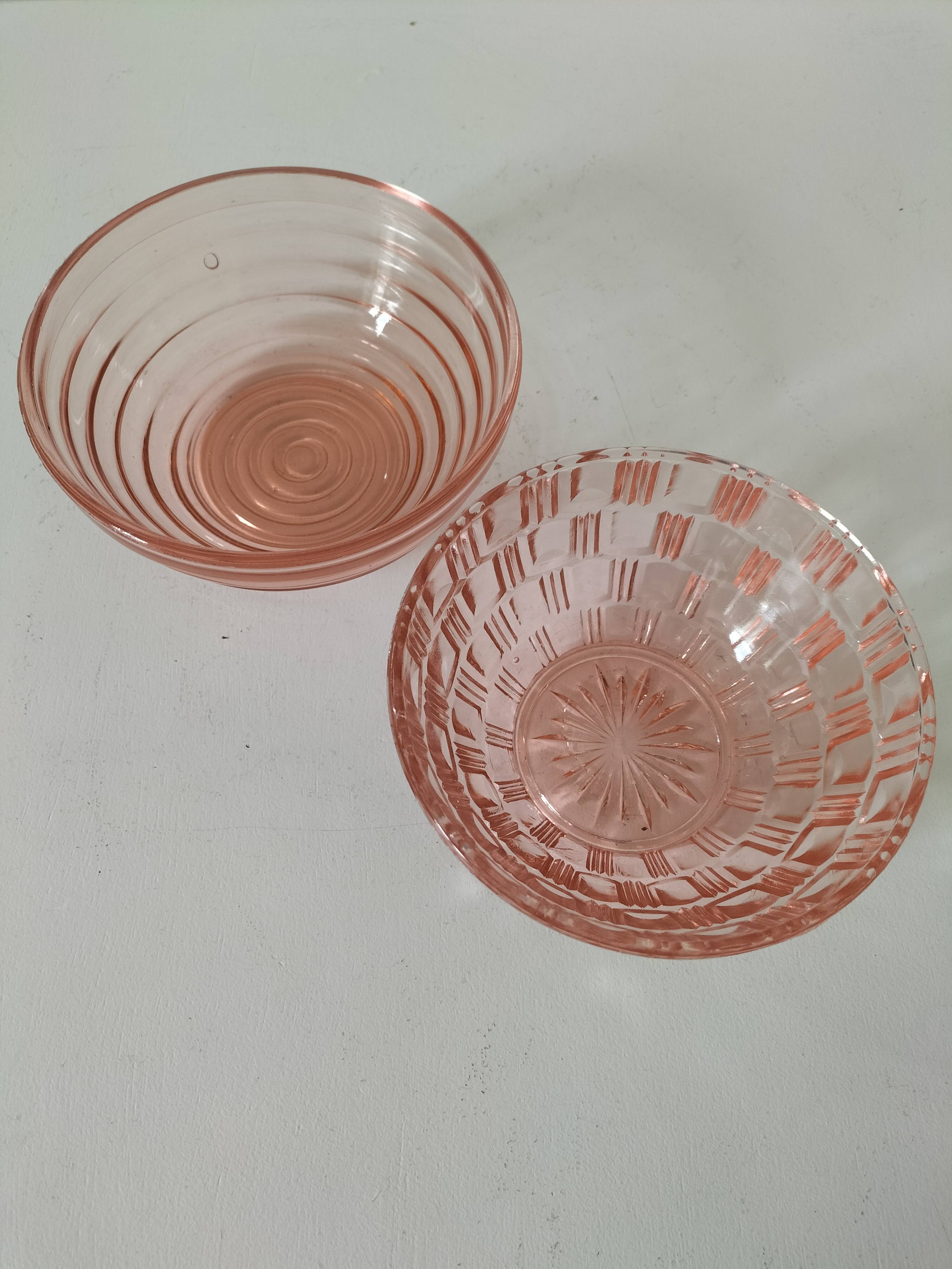 Duo of orange-pink pressed glass bowls