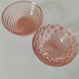 Duo of orange-pink pressed glass bowls