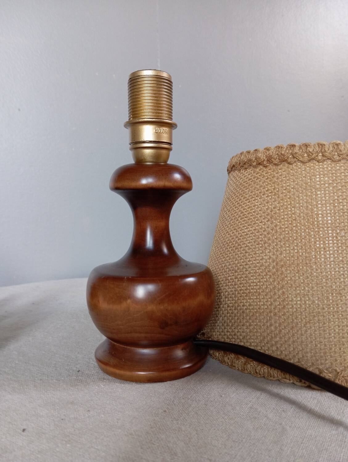 Dark stained turned wood table lamp, camel jute lampshade 1960