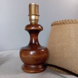 Dark stained turned wood table lamp, camel jute lampshade 1960