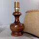 Dark stained turned wood table lamp, camel jute lampshade 1960