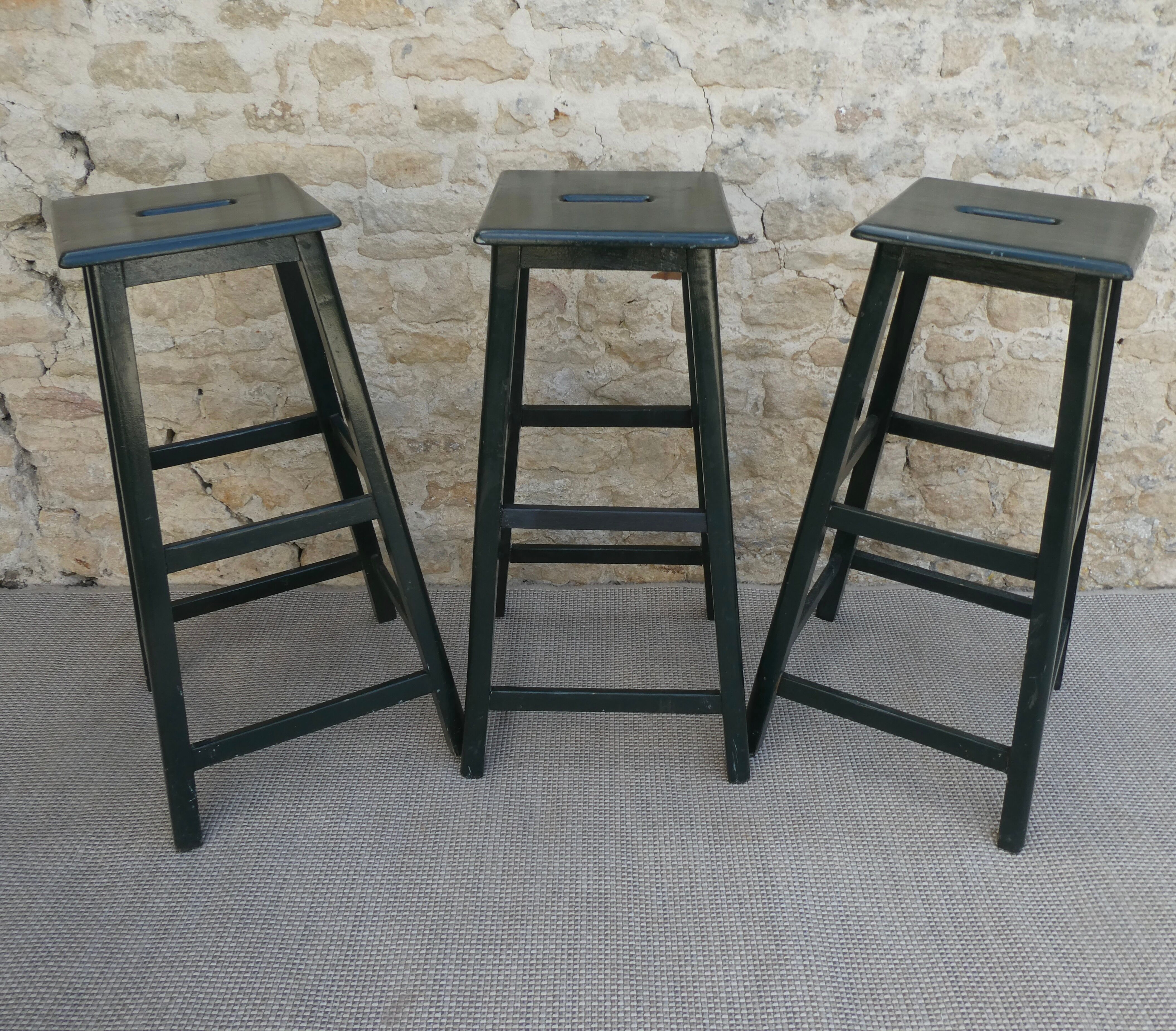 3 high bar stools, wooden, handle