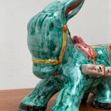 Vintage Italian hand-painted sculpture of a donkey with a cart in the shape of a bowl from Deruta, Italy.