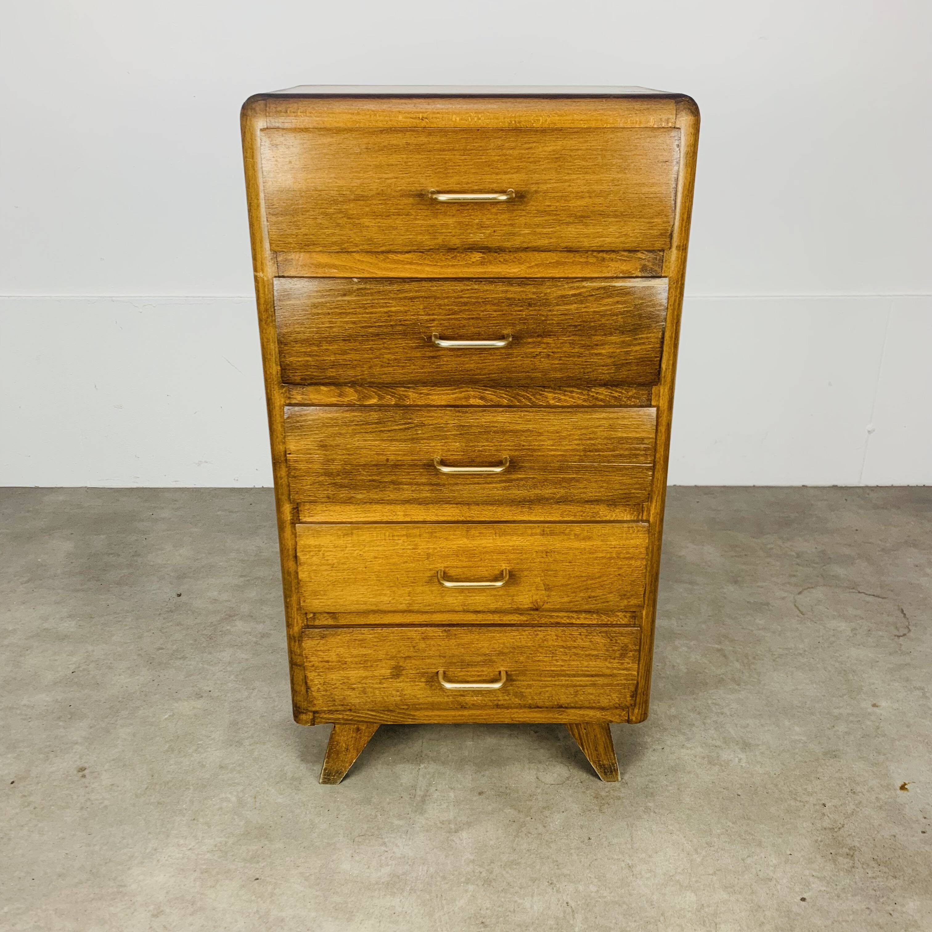 Commode chiffonnier pied compas, années 50, bois