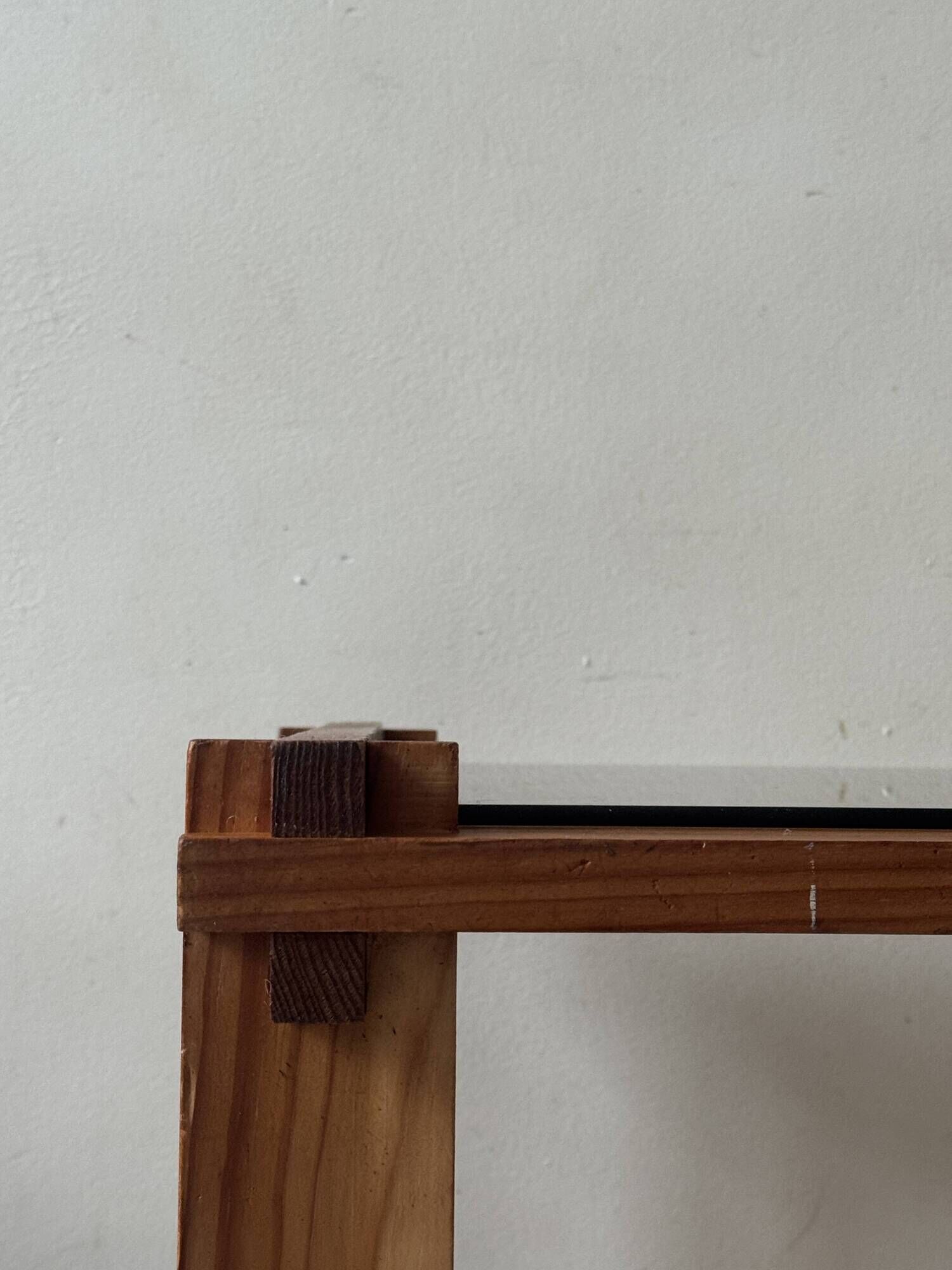 Modernist side table/nightstand in pine wood & smoked glass, 1970s design.