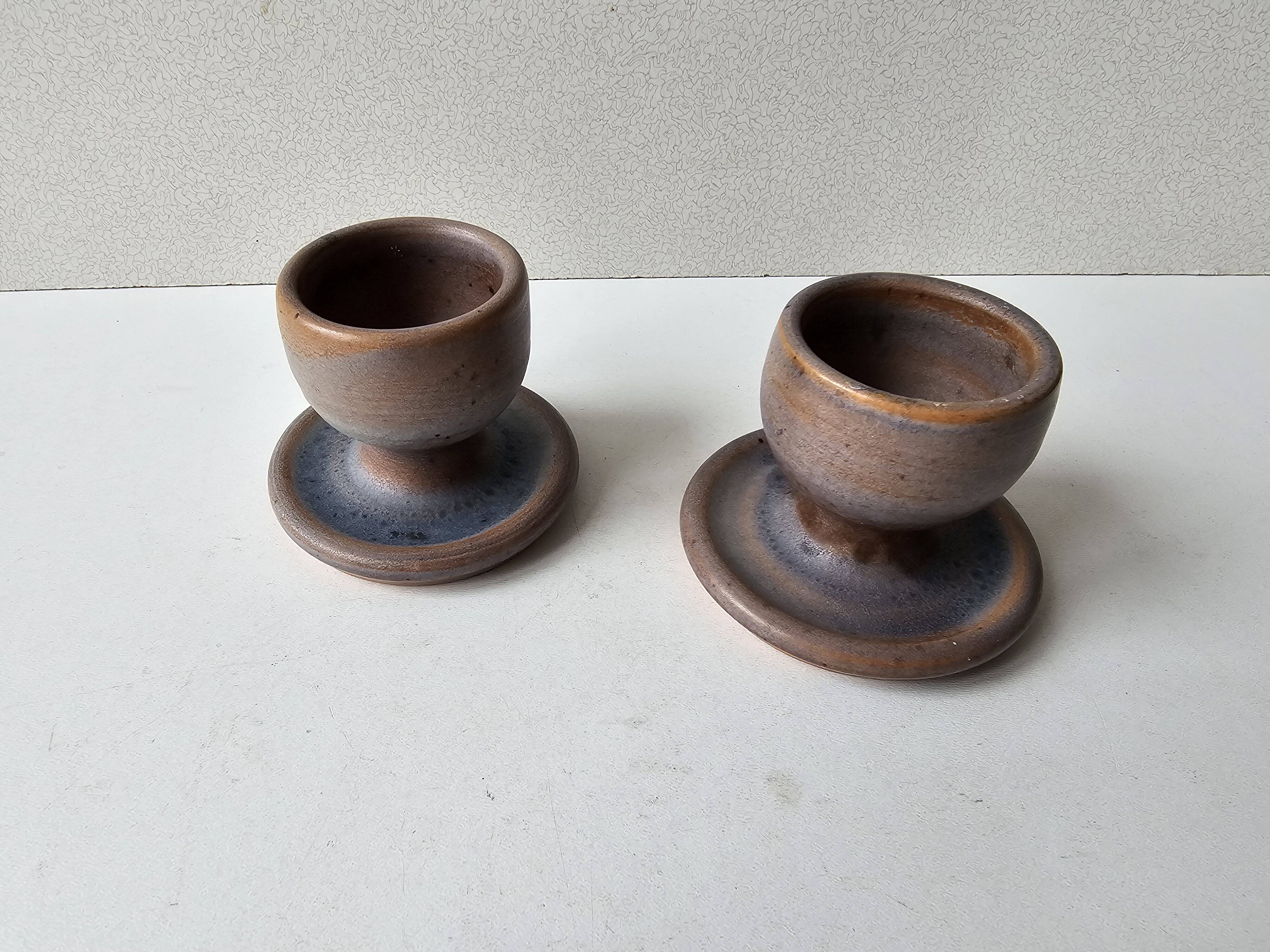 Set of 2 ceramic egg cups Signed Ludovic