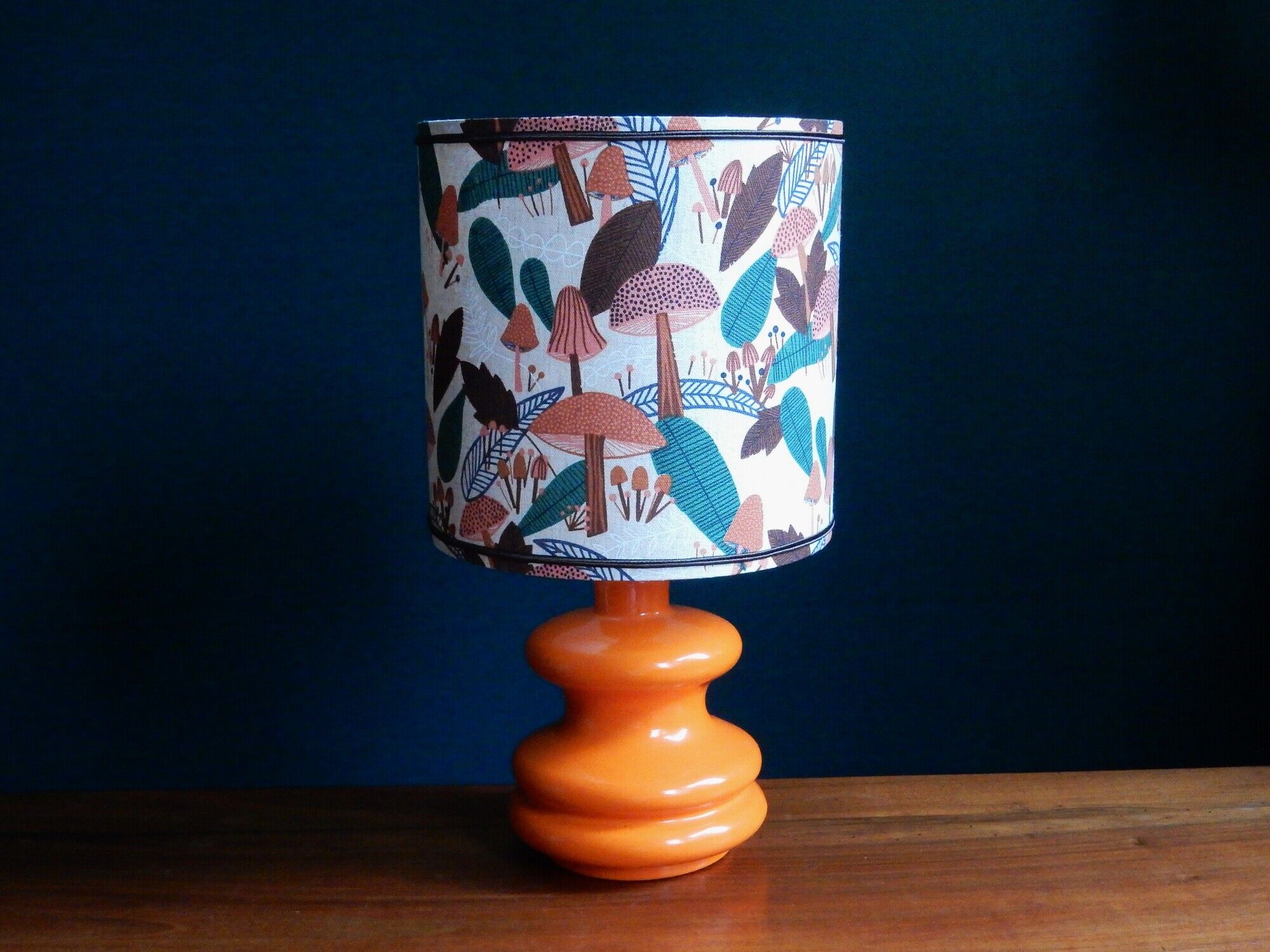 Mushroom lampshade and vintage orange glass lamp foot