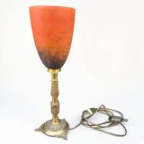 Art Nouveau lamp in bronze and orange marbled glass, 1920.