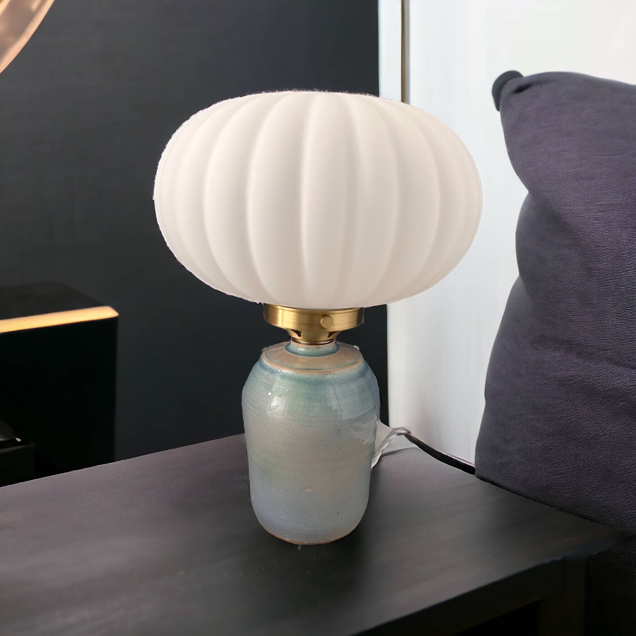 Table lamp in pastel blue and pleated opaline ceramic