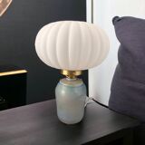 Table lamp in pastel blue and pleated opaline ceramic