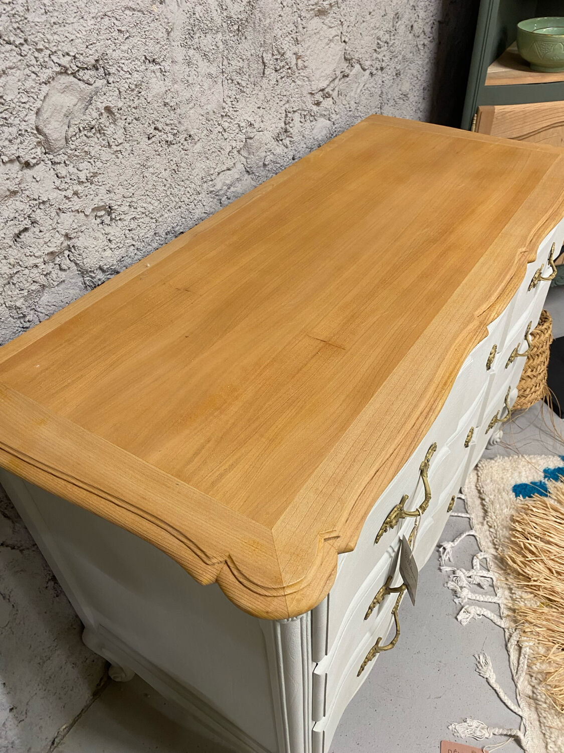 Louis XV chest of drawers in white and raw wood