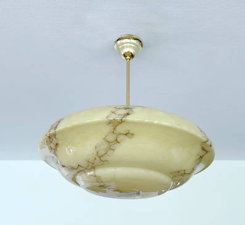 Art Deco Pendant Light, Marble Glass Amber Ivory, Alabaster Style, Vintage Chandelier
