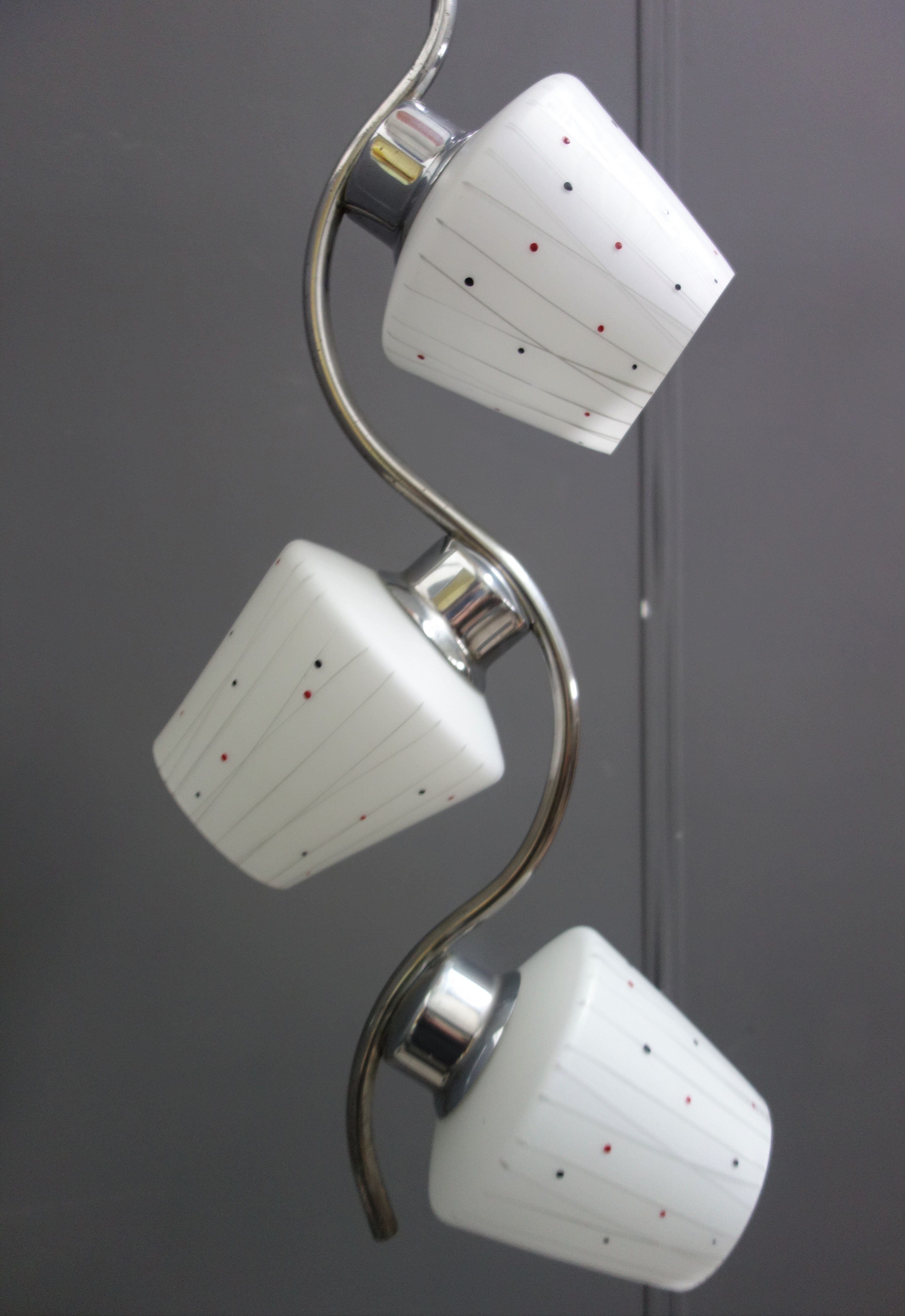 Chrome pendant lamp with 3 white shades 1960s