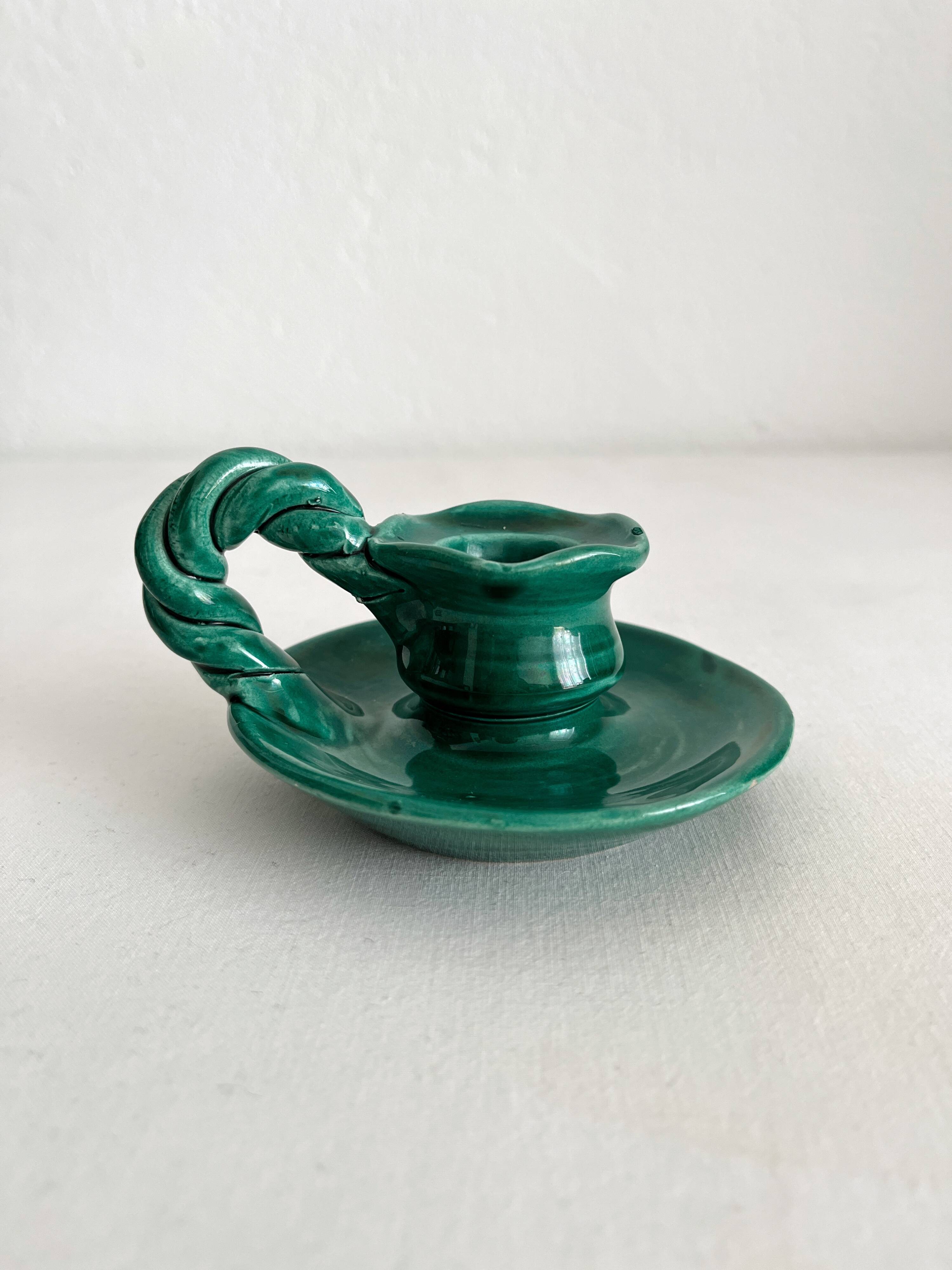 Vintage green ceramic candle holder with twisted handle