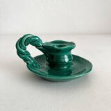 Vintage green ceramic candle holder with twisted handle