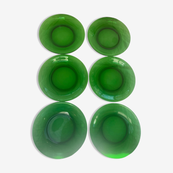 6 assiettes en verre verte vereco france et numérotées vintage 1970