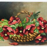 Still life painting with a basket of flowers from the 70s