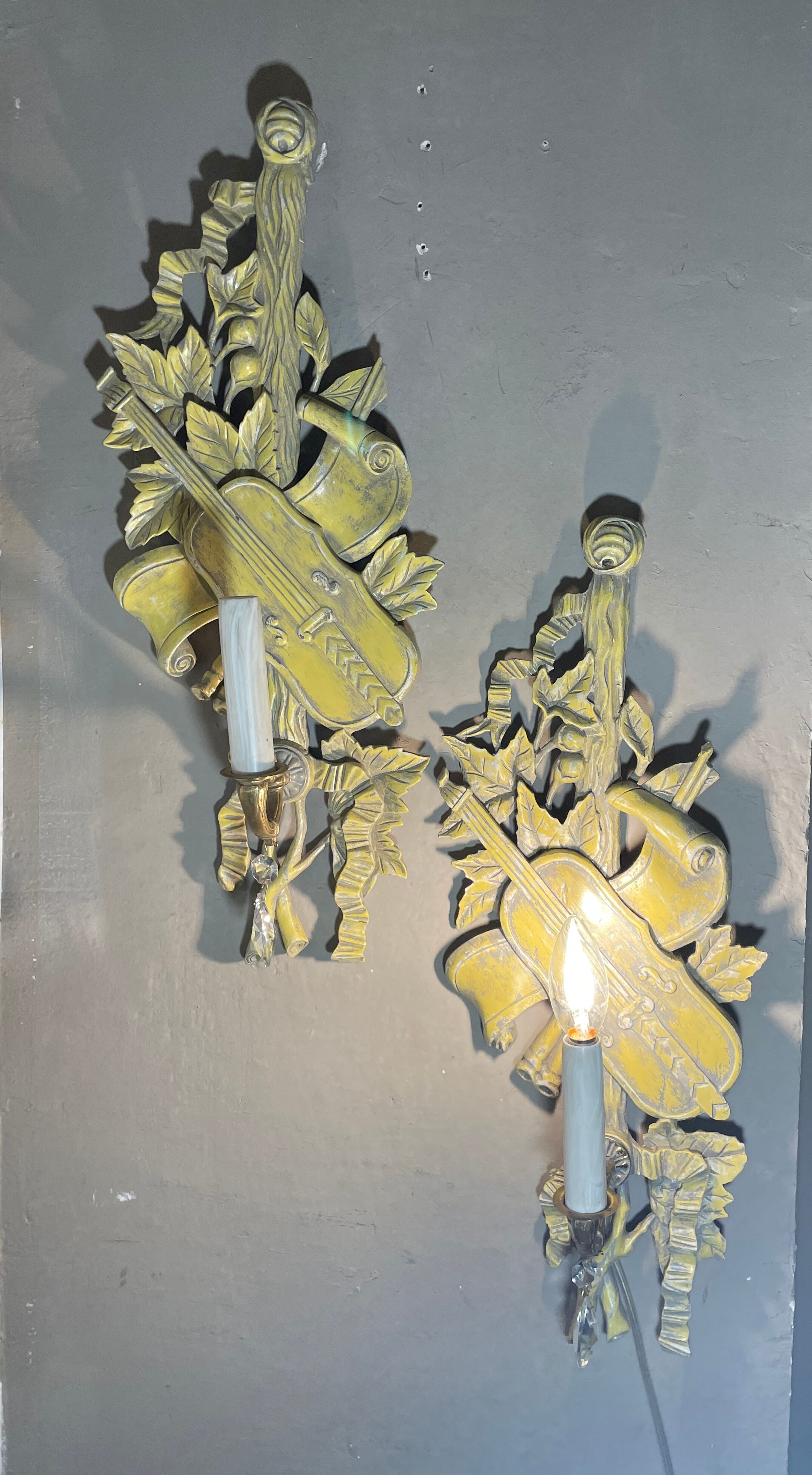 Walnut wood wall lamps, painted in yellow patina grey
