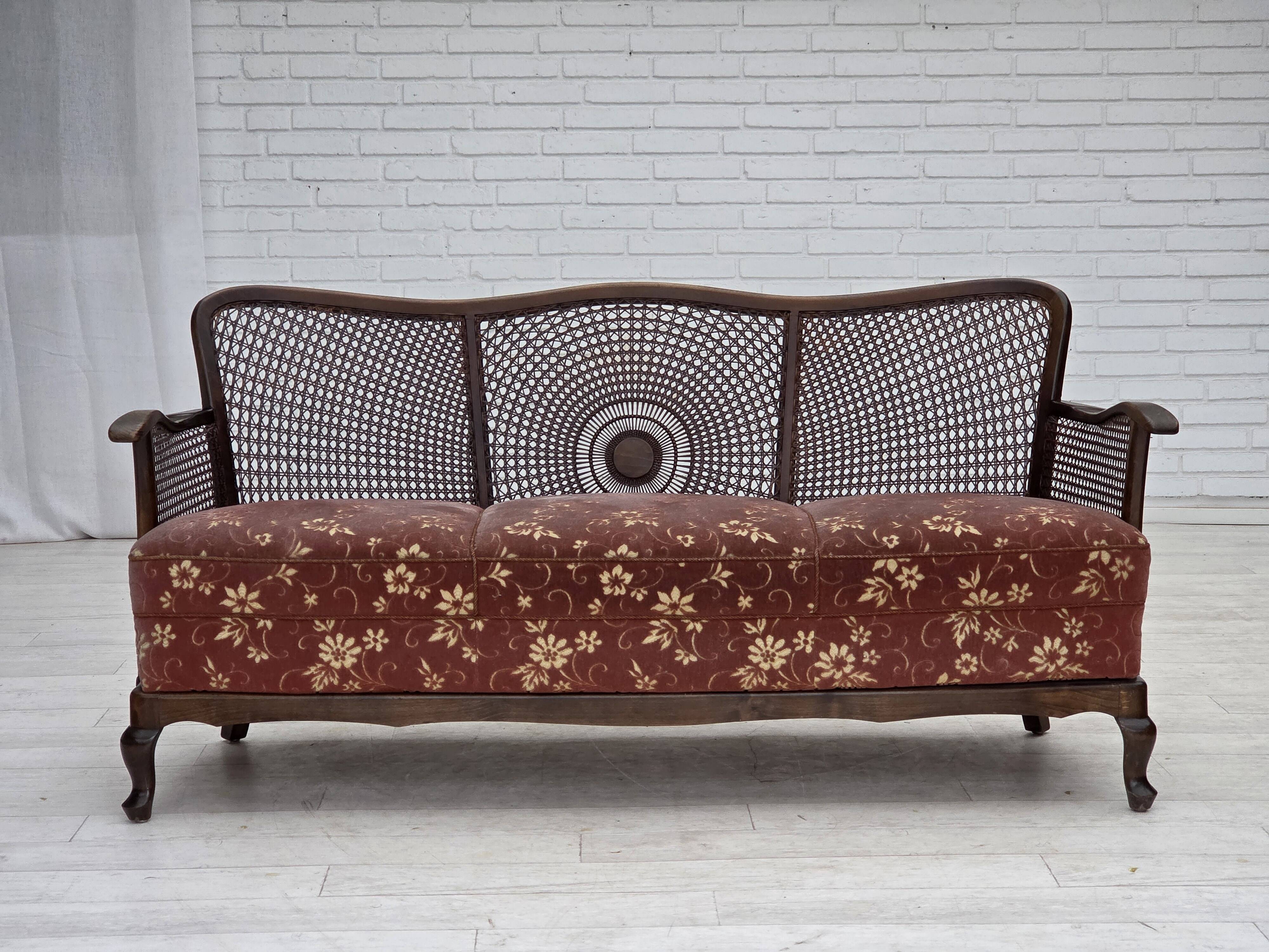 1950s, Danish 3-seater sofa, salmon/pink velour, furniture mesh.