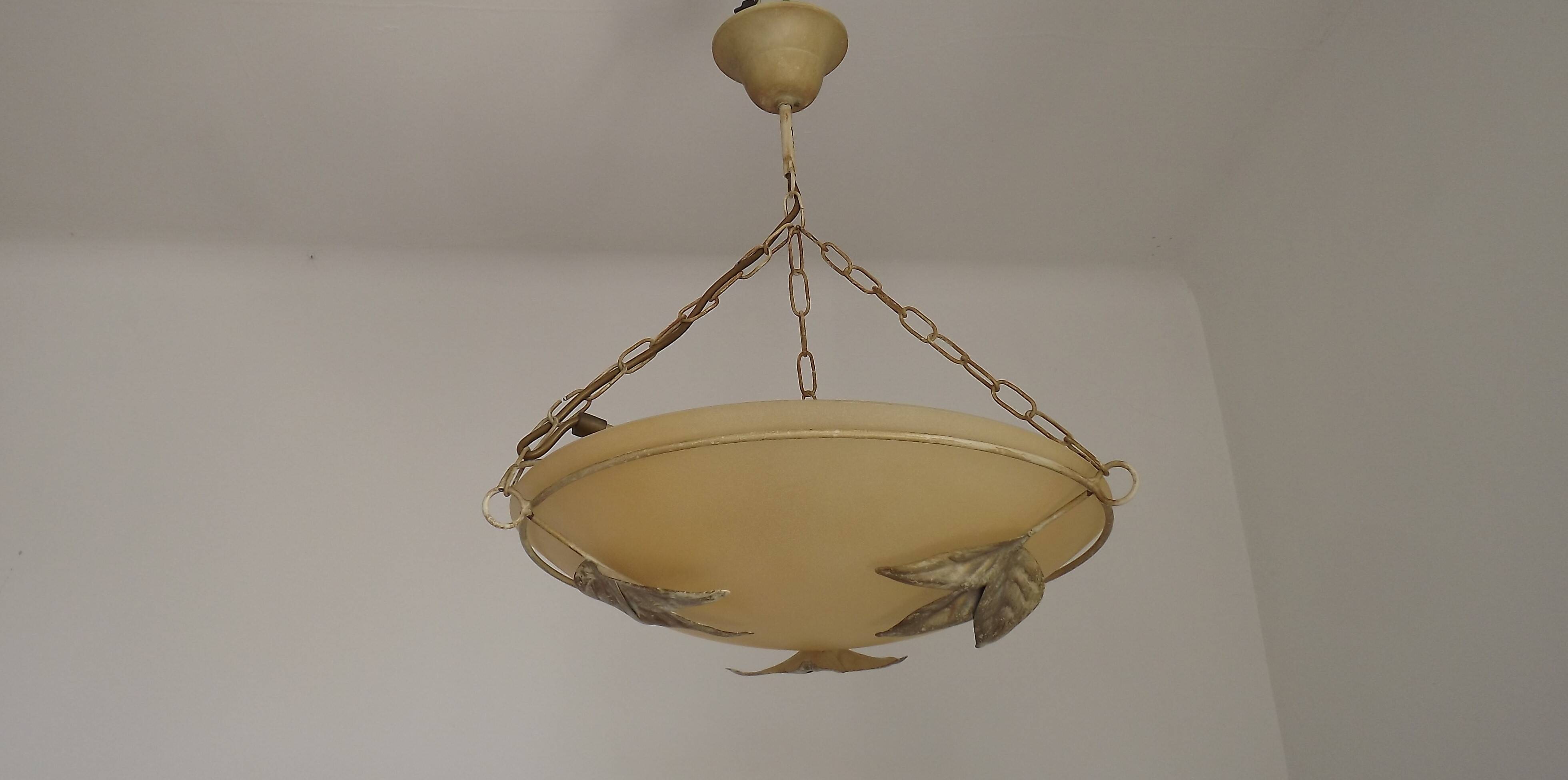 Italian Metal Ceiling Light Gold Leaf Detail Frosted Glass Bowl Shade