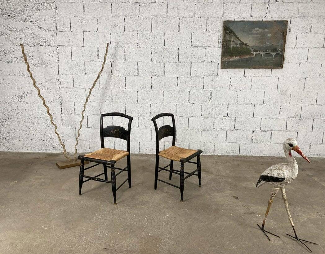 Hitchcock chairs in black wood and straw 1900s