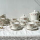 Vintage tea set in white porcelain with stripes, Moulin des Loups orcerame model "Richelieu"