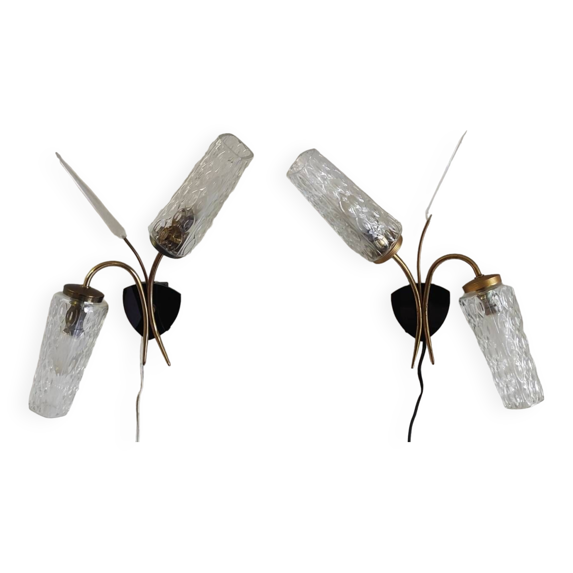Double wall lights in gold metal and glass tulip - 60s/70s