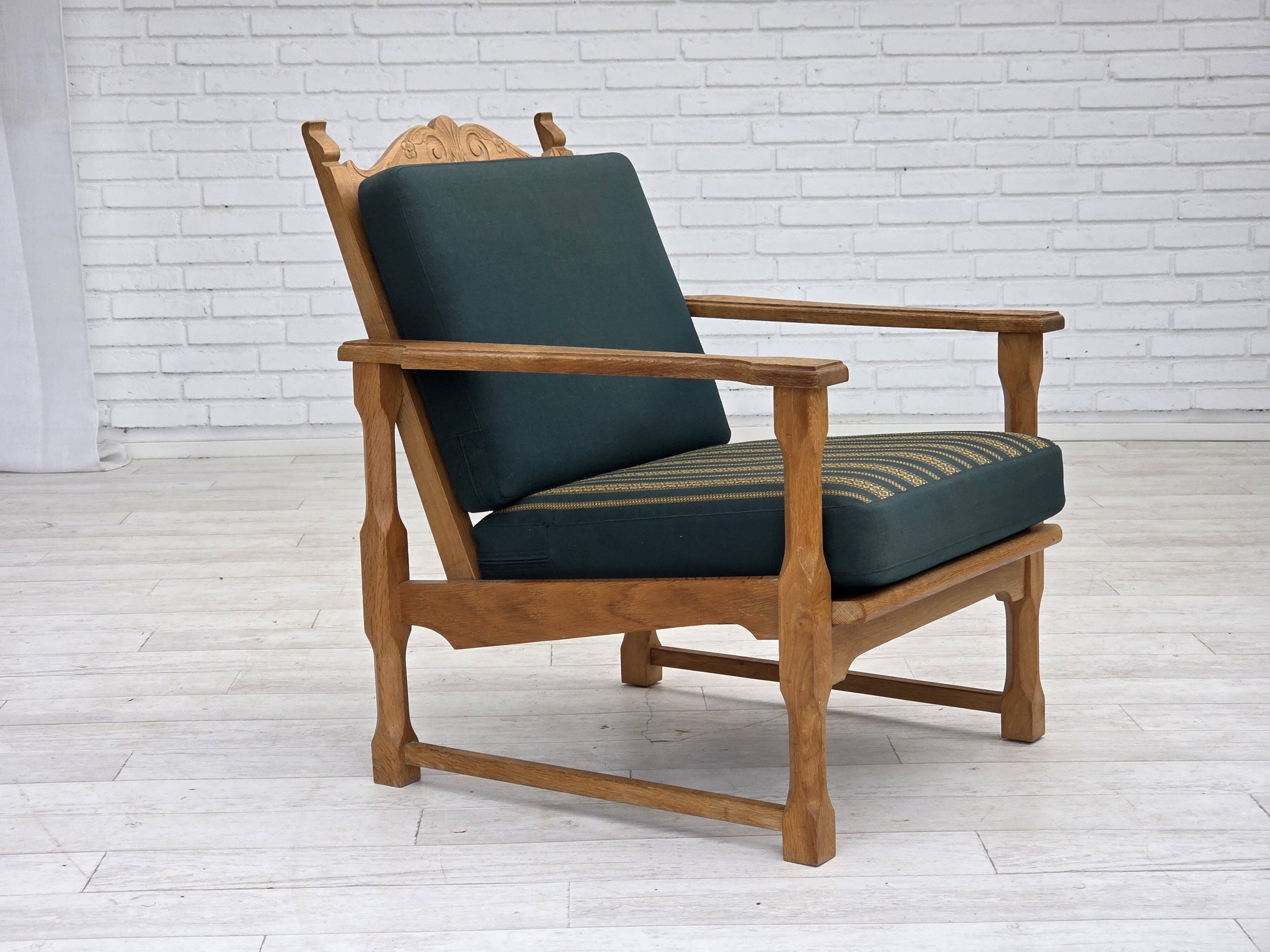 1970s, Scandinavian lounge chair, green furniture wool, solid oak wood.