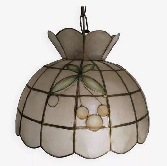 Mother-of-pearl and brass pendant light, vintage light fixture, 1950s