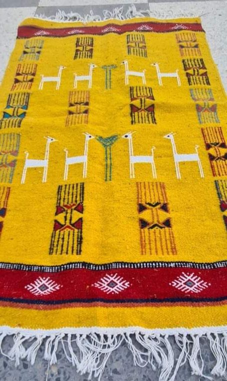 Traditional handmade biker yellow kilim carpet made of pure wool  - 120x70cm