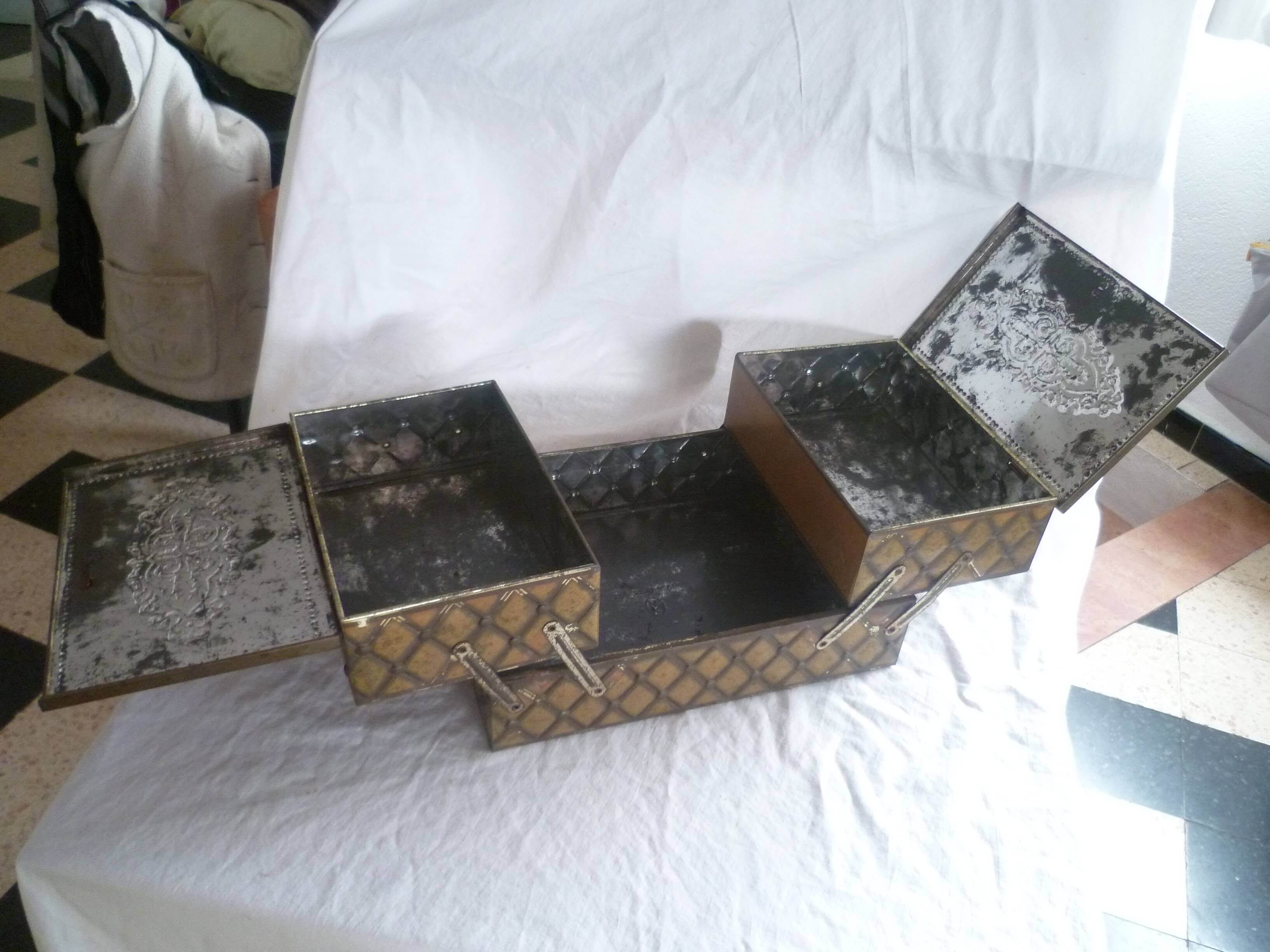 Iron sewing box, old Victoria biscuit tin, collector's item