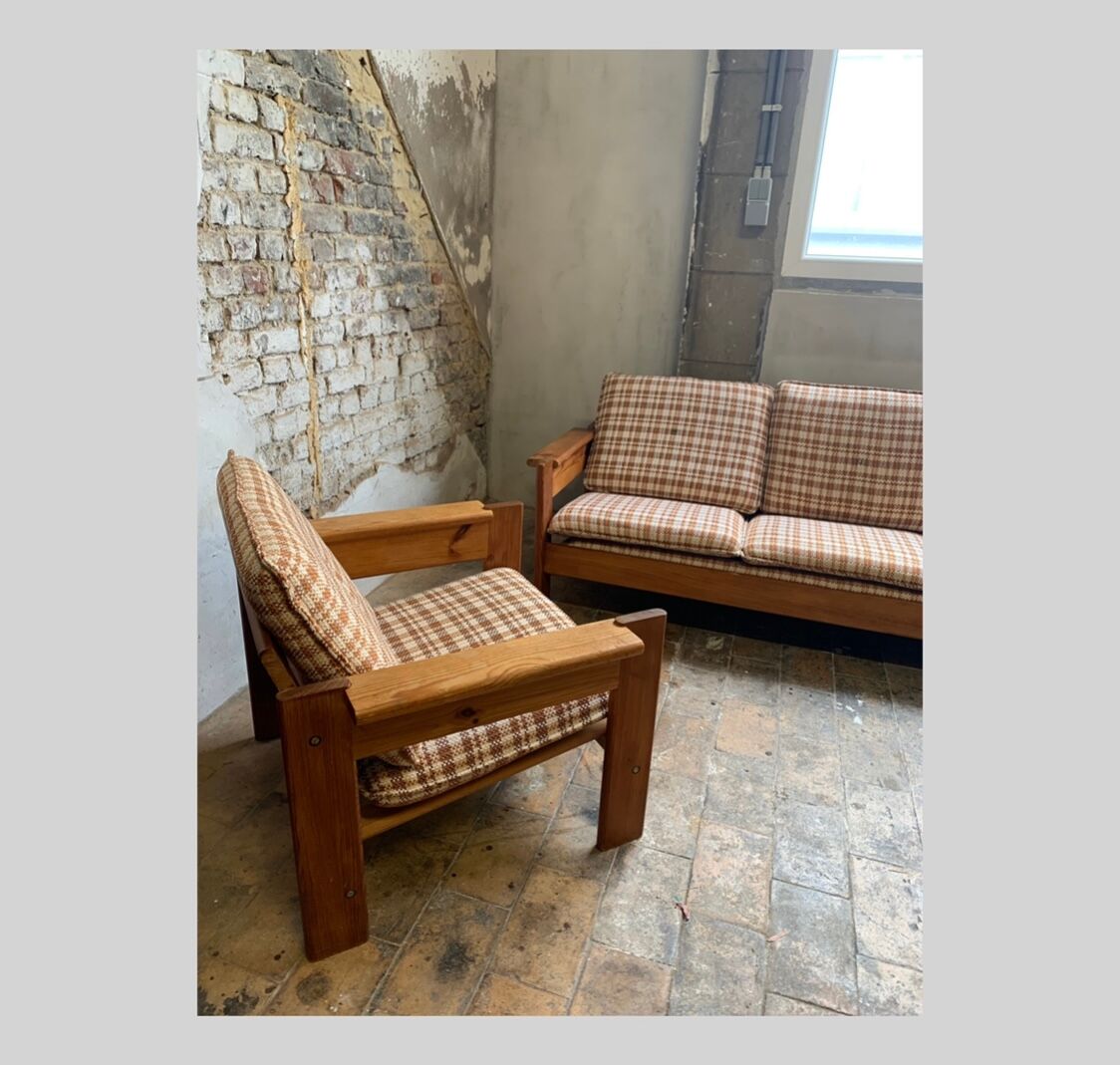 Brutalist pine sofa and armchair, france, 1960