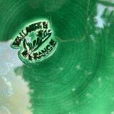 Green enameled ceramic leaf dish, slip, Lunetta vallauris stamps, vintage