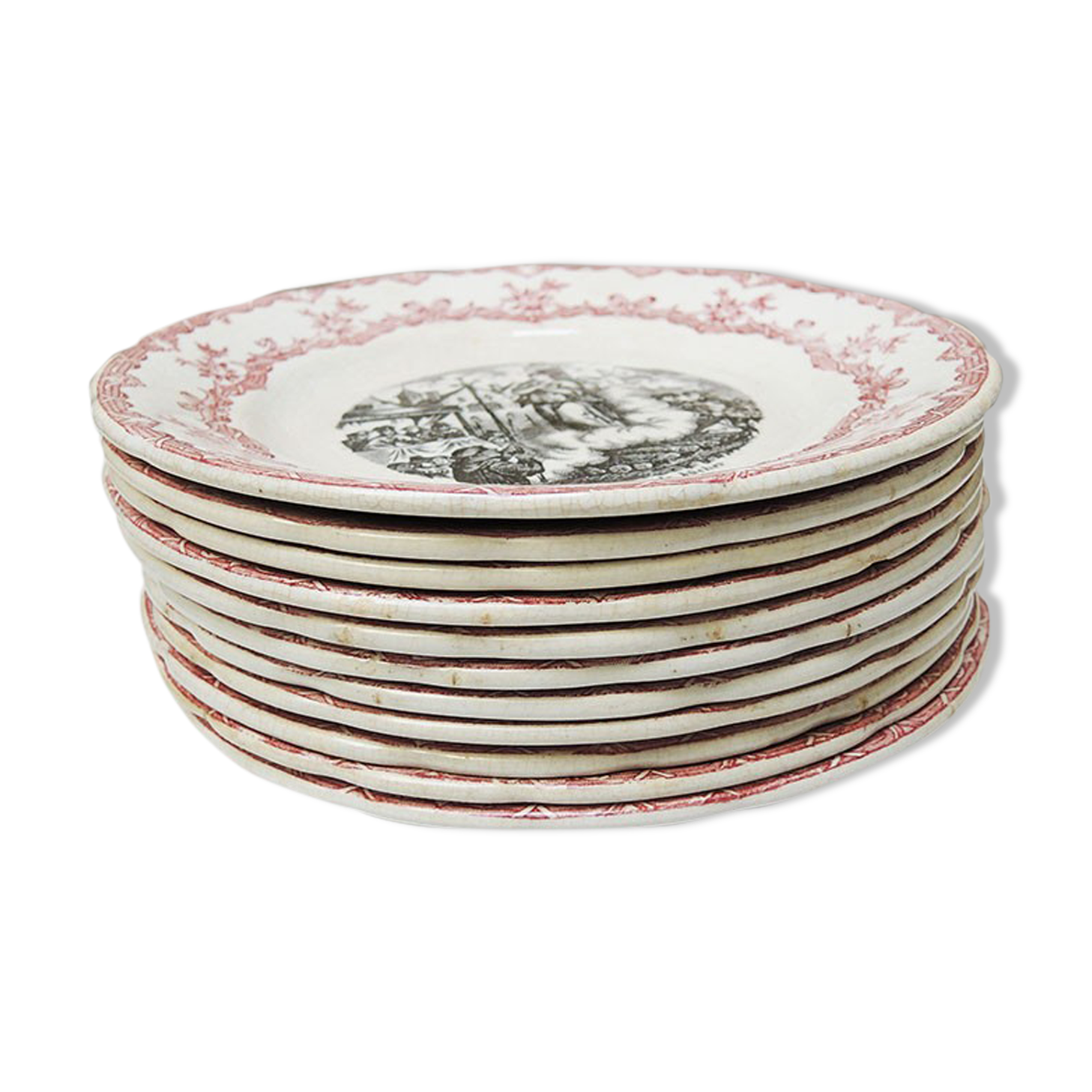11 old plates hb choisy le roi in earthenware: joan of arc