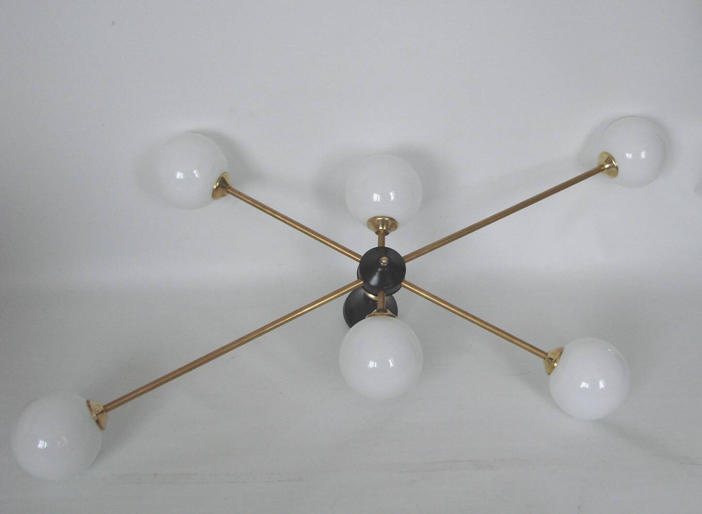 Chandelier vintage Stilnovo des années 1960, en laiton et en verre, 6xE14