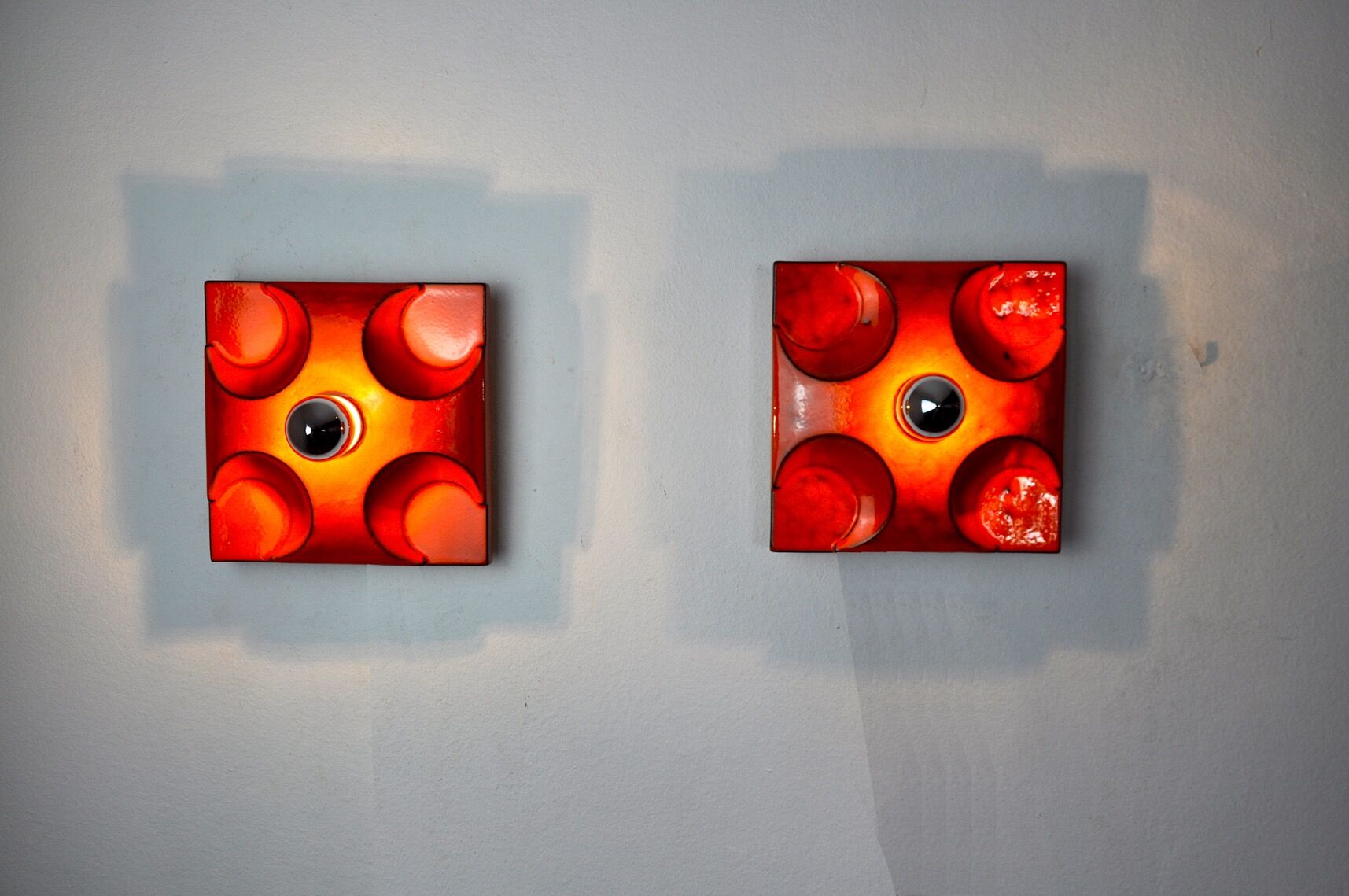 Pair of Fat Lava wall lamps by Hustadt Leuchten, Red ceramic, Germany, 1960