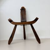 Brutalist hand carved oak Spanish tripod chair , 1970s