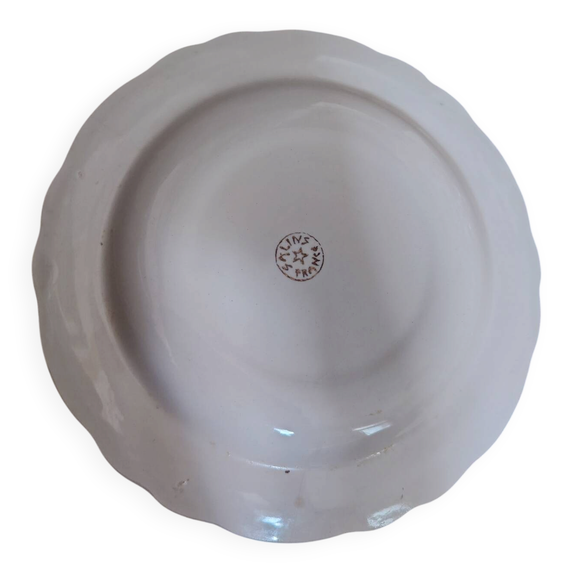 Salins white ceramic dessert plates with red trim and gold rim.
