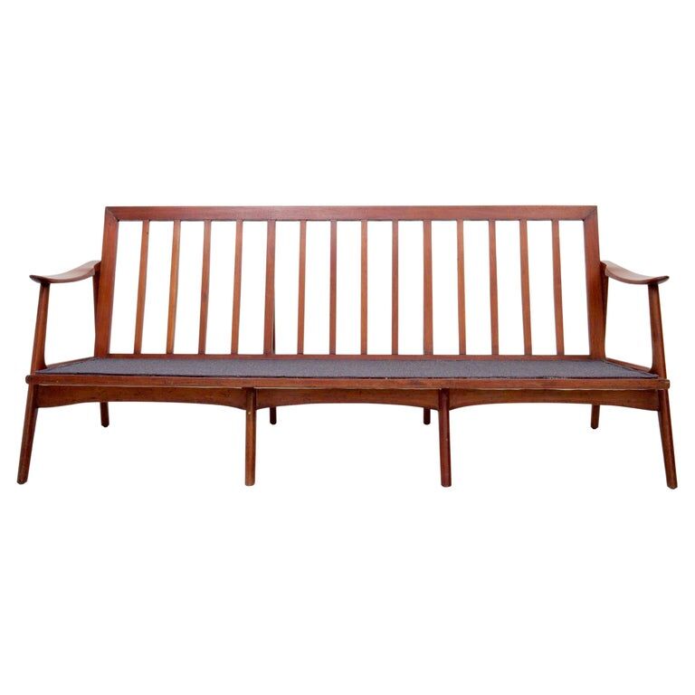 3-seater sofa with patinated oak armrests and 1960s Italy fabric