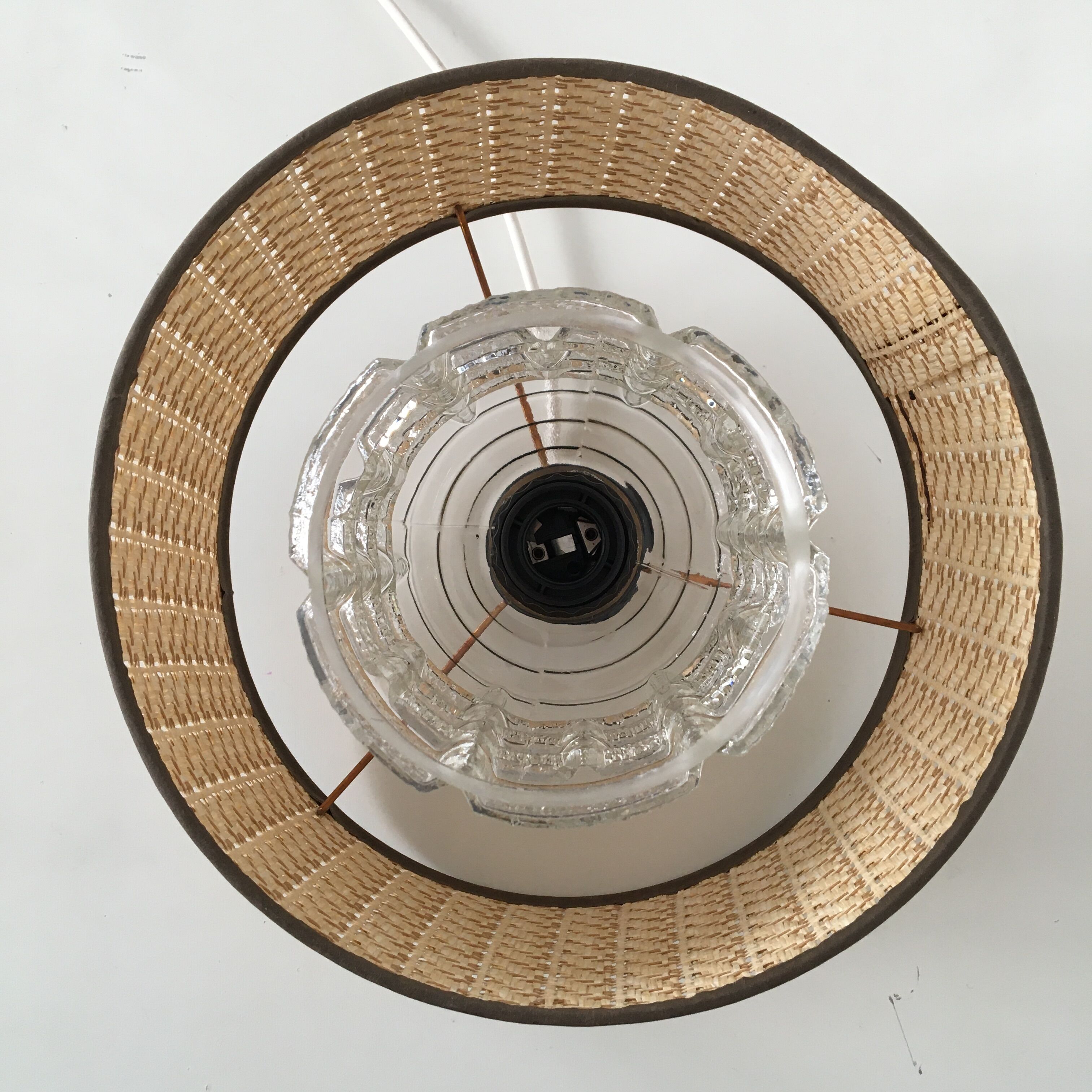 Vintage hanging lamp glass globe and raffia lampshade