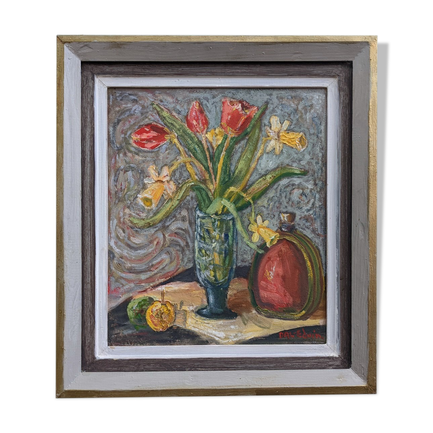Mid-Century Modern "Still Life with Tulips" Swedish Vintage Expressionist Still Life Oil Painting, F