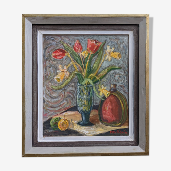 Mid-Century Modern "Still Life with Tulips" Swedish Vintage Expressionist Still Life Oil Painting, F