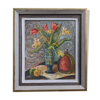 Mid-Century Modern "Still Life with Tulips" Swedish Vintage Expressionist Still Life Oil Painting, F