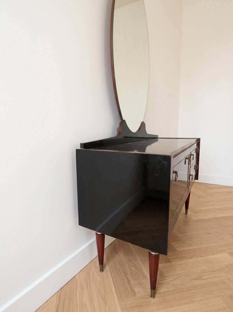 Art Deco dressing table in black lacquered wood with mirror